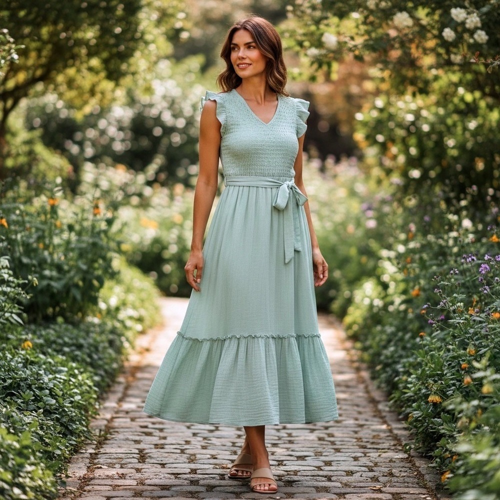 Luxology Sage Green Smocked Tiered Maxi Dress Sleeveless V-Neck Ruffle L
